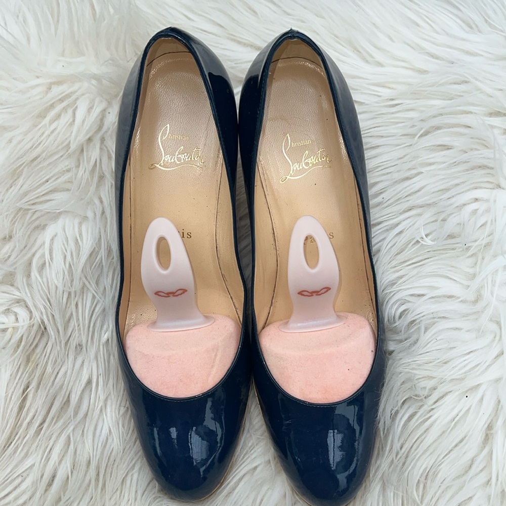 Navy Blue Patent Leather Louboutin with cork platform